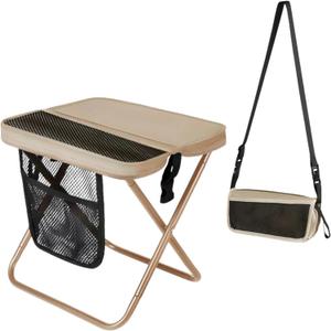 12" Portable Collapsible Stool - Folding Chair with Storage Pouch, Convertible Satchel for Hands-Free Carry & Supports 265Lbs, Ultralight for Hiking, Fishing, Camping, Festivals (Khaki, Standard)