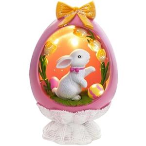 TaoQ C Pink Easter Bunny Figurine with LED, Resin Rabbit Figurines Easter Bunny Statue Spring Rabbit Desktop Decoration for Spring Home Room Party Decoration