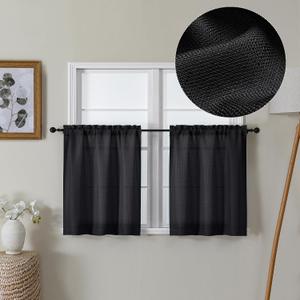 Lecloud Bessie Black Kitchen Curtains 24 Inch Length 2 Pieces, Faux Linen Textured Window Short Curtains, Rustic Tiers Curtain for Living Room Bedroom Cafe Bathroom, Each 30 W x 24 L