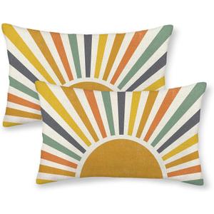 2 x Summer Pillow Covers 12x20 Inch Set of 2, Stripes Yellow Sunshine Decorations Outdoor Throw Pillows Boho Outdoor Rainbow Sun Pillowcase Linen Decor Cute Lumbar Cushion Case for Home Bedroom
