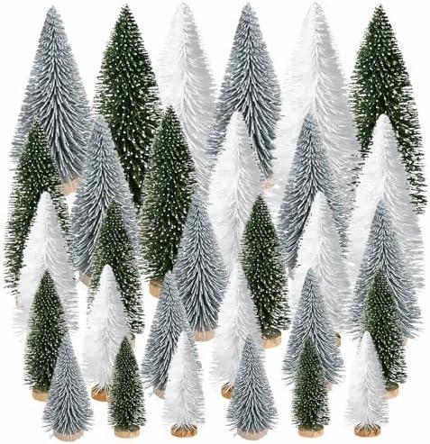 Yahpetes Artificial Mini Christmas Trees, 22Pcs Sisal Snow Pines in 5 Sizes, Crafting Displaying Decoration, Tabletop Xmas Tree for Home, Party (Silver/White/Green)