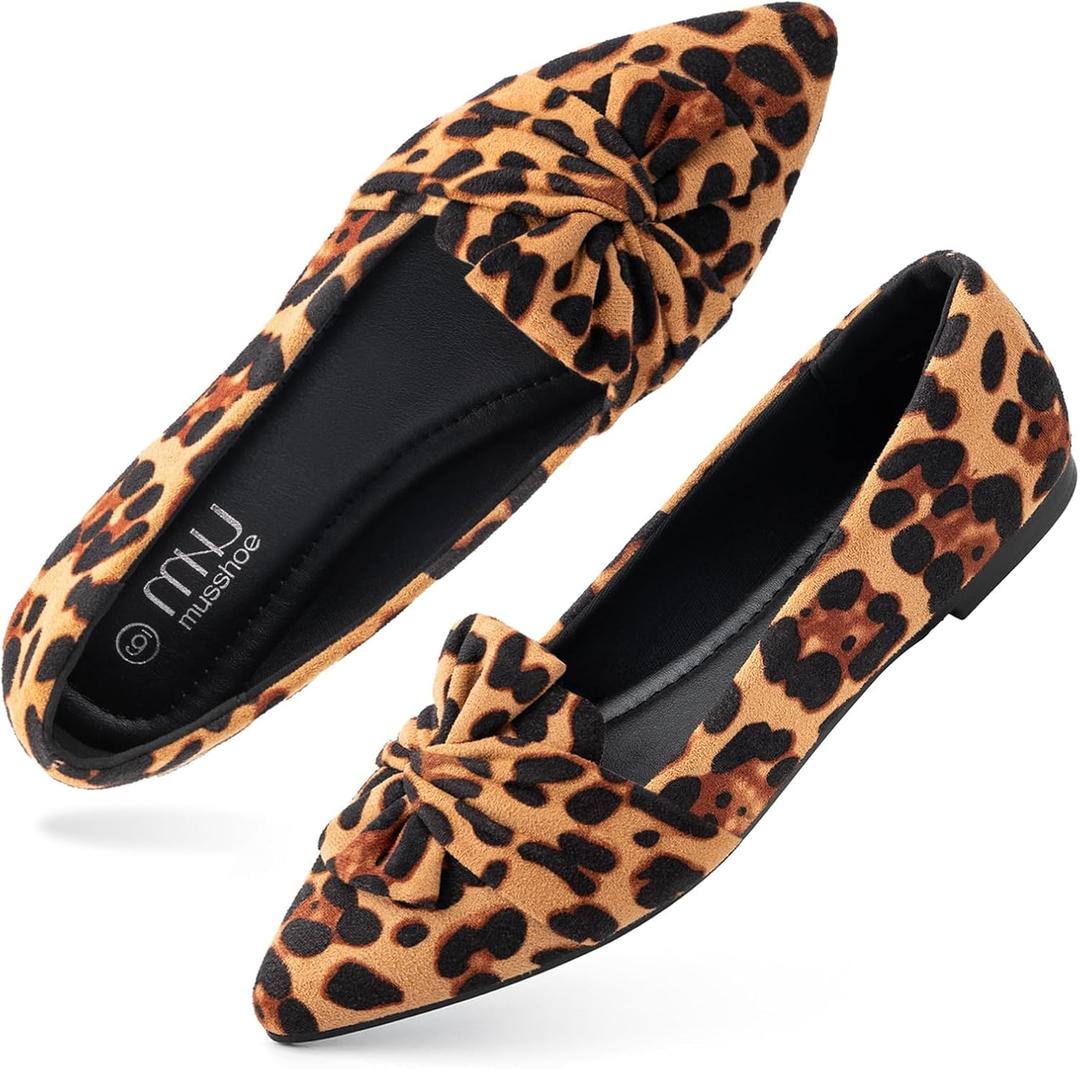 MUSSHOE Women's Flats Dressy Pointed Toe Comfortable Bowknot Ballet Flats Shoes (6, Leopard Black)