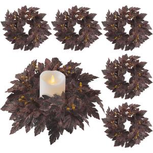 6PCS Plum Cimicifuga Seeded Small Wreath, Artificial Flower Garland Candle Ring for Fall Wedding Decor, Boho Home Decor, Thanksgiving, Table Centerpiece, Mantle Decor