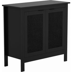 Giluta Black Sideboard Buffet Cabinet, Farmhouse Kitchen Storage Cabinets with 2 Rattan Doors, 30''H Boho Cabinet with Solid Wood Feet for Entryway, Living Room, Hallway