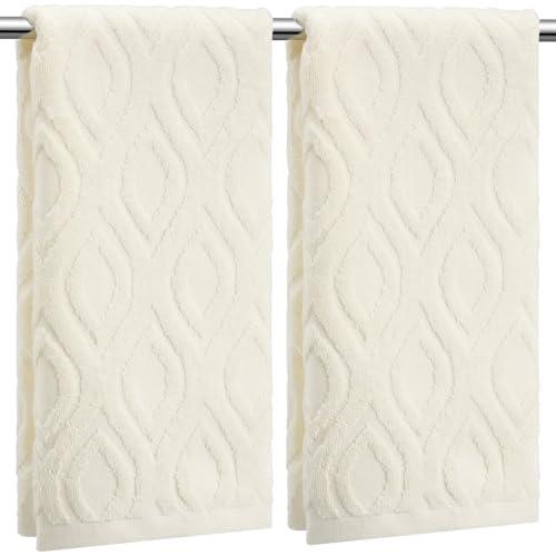 SmoothNovelty 2 Pcs Cream White Jacquard Hand Towels for Bathroom Geometric Hand Towels 100% Cotton Absorbent Decorative Weave Bath Washcloth Bathroom Decor Gift, 13.7 x 29.5 Inch