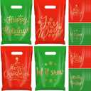 Chunful 100 Pcs Plastic Christmas Gift Bags with Handle Christmas Treat Goodie Bags Bulk Medium Red and Green Candy Cookie Snack Party Favor Handbags for Xmas Happy Holiday Gift, 7.9 x 11.8 Inch