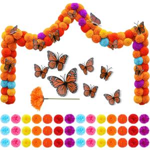 105 PCS Artificial Marigold Flowers with 12 Butterflies Decor, 3.5" Silk Dia de Los Muertos Faux Mums Bulk Mexican Flowers for Altars, Diwali, Halloween, DIY Fiesta, Cultural Celebrations (Multi Color)