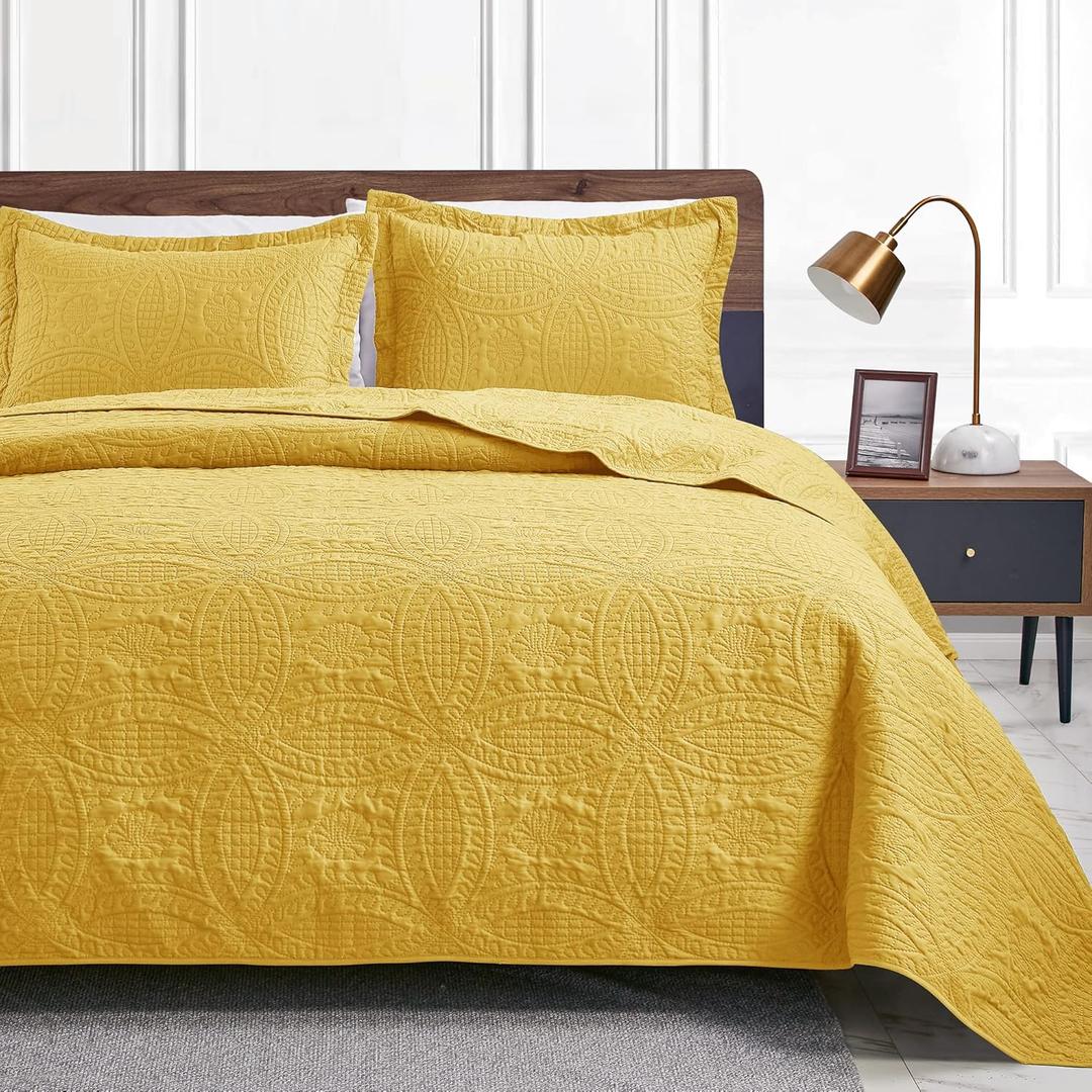 Love's cabin Quilts for Queen Bed Yellow Bedspreads - Soft Bed Summer Quilt Lightweight Microfiber Bedspread- Modern Style Coin Pattern Coverlet for All Season - 3 Piece (1 Quilt, 2 Pillow Shams)
