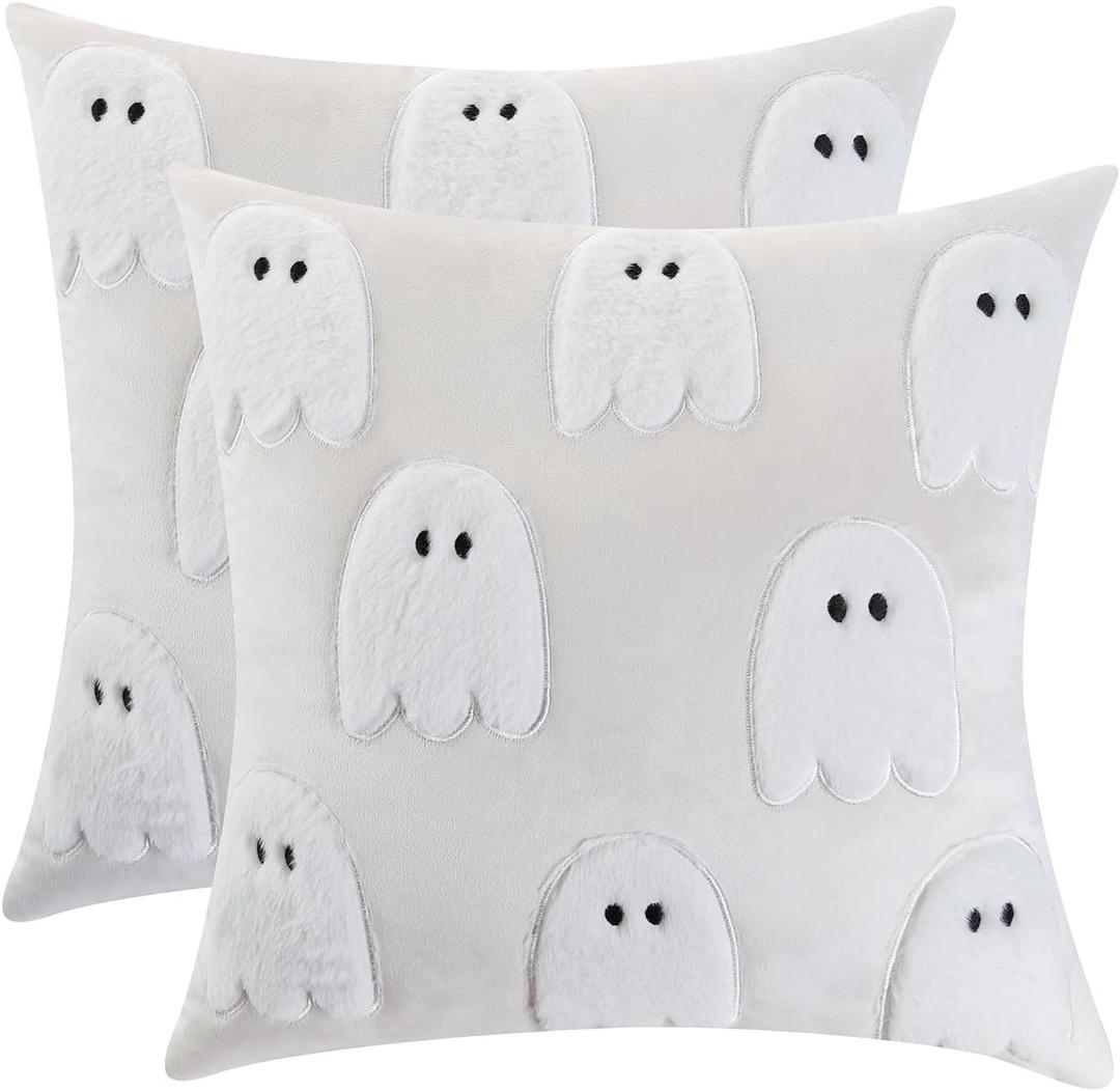 LUOYEHK Halloween Throw Pillow Covers 18x18 Set of 2 White Ghosts Embroidered Pillow Cases Holiday Velvet Cushion Covers for Couch Sofa Bed