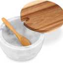 Marble Salt Cellar Box with Wood Lid & Spoon, Modern White Stone Salt or Pepper Sugar Spice Seasoning Bowl Container Jar Holder Well Keeper Dish Pig Crock for Kitchen (White Bowl)