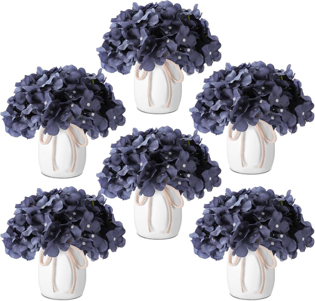 Leinuosen 6 Set Artificial Hydrangea Flowers and Plastic Vases Set Centerpieces Table Decorations Silk Fake Hydrangea Full Flowers Heads with Stems Bulk for Wedding Home Baby Shower (Gray Blue)