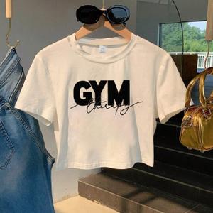 RoseSeek Women's Letter Print Crop Tops Crewneck Short Sleeve Graphic Tees Summer Gym Tshirt, L ( White)