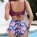 Women's High Waisted Bikini Sets V Neck Twist Front Ruched Bathing Suit Padded Lace Up Back Two Piece Swimsuit (L)