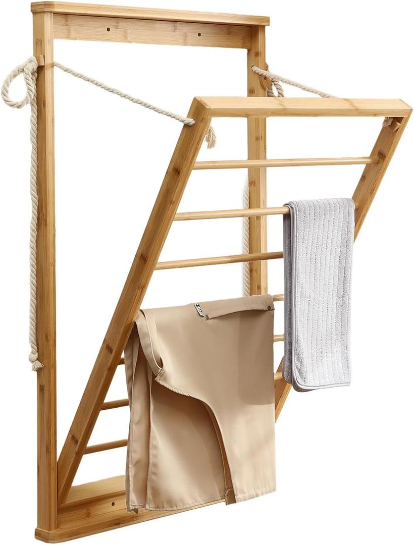 Clothes Drying Rack, Foldable Bamboo Wall Mounted Laundry Rack  Space-Saving, Drop-Down Design  23" Wide, 40.9" High  Sturdy & Elegant for Home, Laundry Room & Bathroom