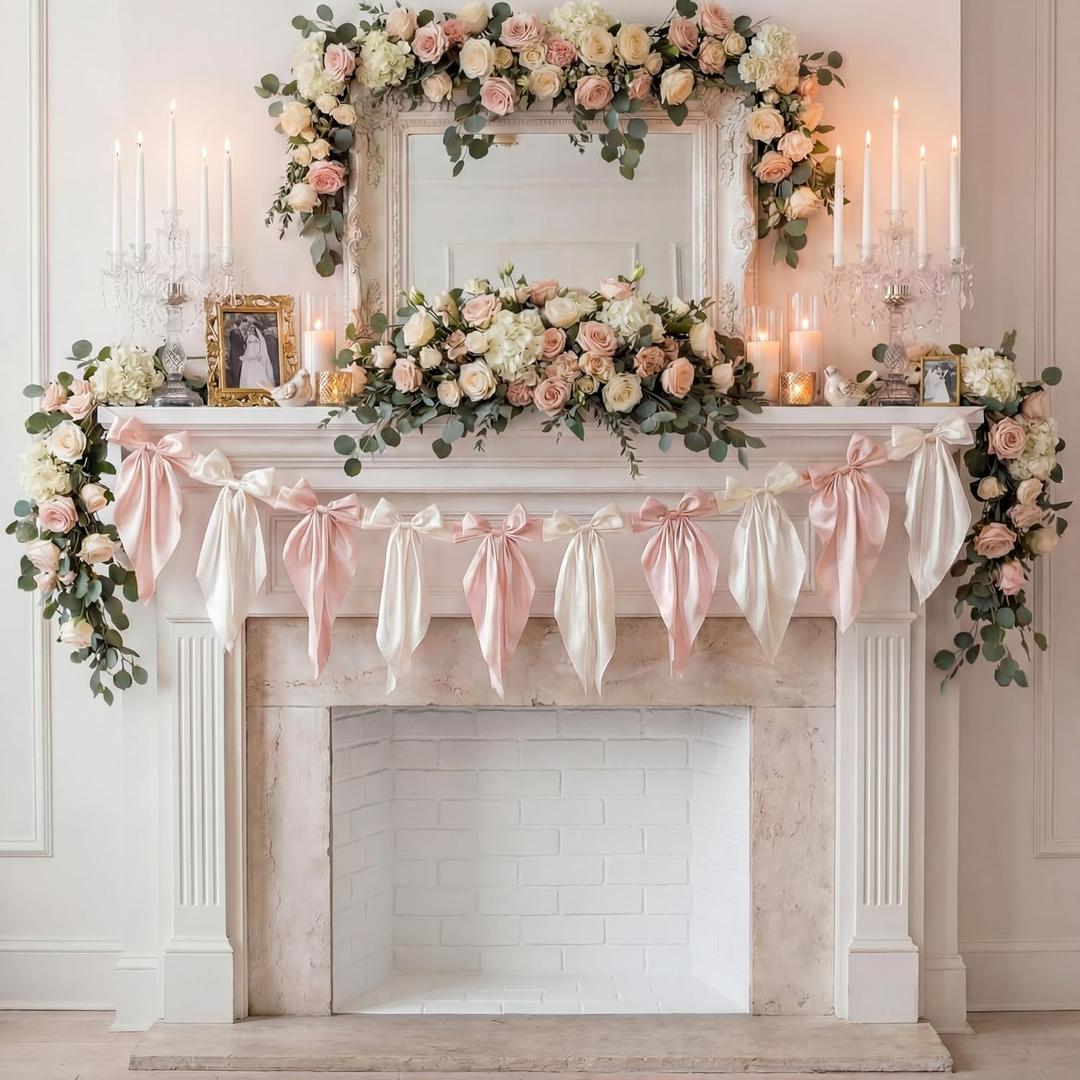 VitalCozy 1 PCS White Pink Bow Garland Banner, Satin Ribbon Hanging Party Bow Garland Decoration for Birthday Baby Shower Wedding Party Supplies