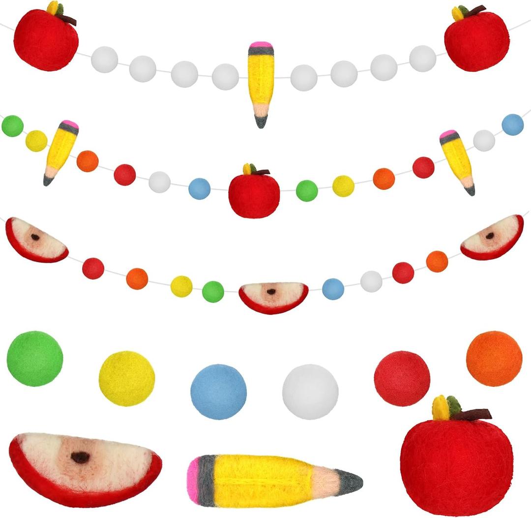 Peryiter 3 Pcs 8.2Ft Back to School Felt Banner Pencil Apple Felt Ball Garland 3D Pencil Apple Pom Pom Ball Garland Welcome Back to School Hanging Banner for First Day Classroom Decorations