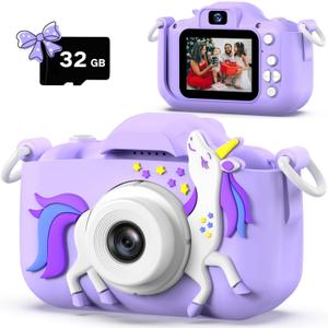 Dwfit Upgrade Selfie Kids Camera, Christmas Birthday Gifts for Boys Girls Age 3-12, HD Kids Digital Video Cameras for Toddler with Cartoon Soft Silicone Cover, Portable Toy for 3 4 5 6 7 8 Years Old (Unicorn-Purple)