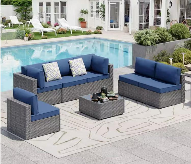7-Piece Wicker Outdoor Sectional Sofa Set with Navy Blue Cushions, HD-7YTBSF-DB, Set Includes 2 Corner Sofas, 4 Armless Sofas, And Coffee Table