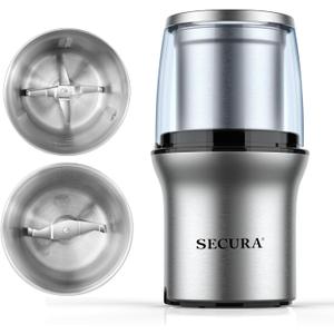 Secura Electric Coffee Grinder and Spice Grinder with 2 Stainless Steel Blades Removable Bowls
