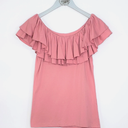 Womens Top Medium Pink Ruffle Off Shoulder Stretch Blouse Shirt size XL, sleeve -50"