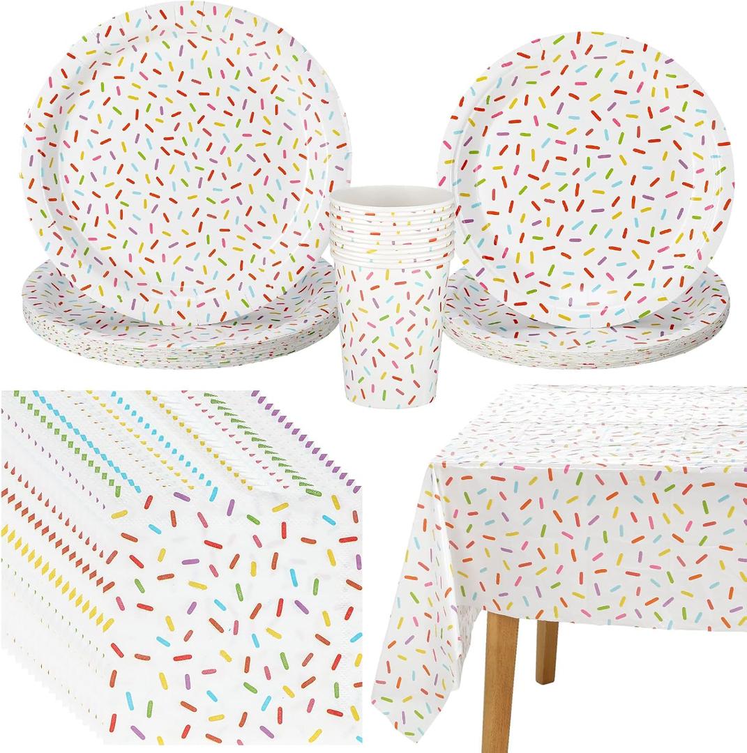 Newtay 97 Pcs Confetti Sprinkles Tableware Set Include Plastic Tablecloth 24 Paper Napkins 24 Large Plates 24 Small Plates 24 Paper Cups for Sprinkle Party Decorations Wedding Birthday Supplies