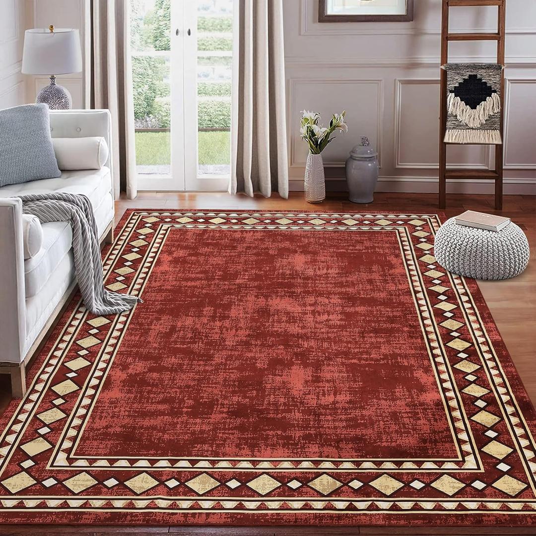 CAROMIO 9x12 Christmas Area Rug Modern Bordered Large Area Rug Machine Washable Rug for Living Room, Stain Resistant Non-Slip Accent Rug Minimalist Border Floor Cover Carpet for Bedroom Decor, Maroon