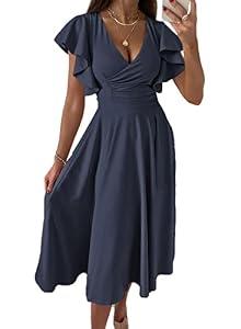 Dokotoo Womens V Neck Elegant Party Dress Summer Dresses for Women 2024 Short Sleeve Skater Dress XL