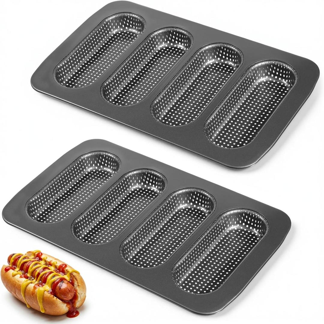2-Pack Mini Baguette Tray, 13.6 x 8.4 x 1.1 inch Perforated French Stick Loaf Baking Molds Pan, Non-Stick Hot Dog Bun Baking Tray for Making Crispy Loaves Rolls Baguettes Hot Dog Buns