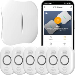 WiFi Water Leak Detector for Home with App Notification, 1 Gateway + 6 WD61 Sensor, 120dB Water Flood/Drip Alarm for Basement/Kitchen/Bathroom/Toilet/Laundry Room, Sink/Drain/Pipe/Faucet Leakage Alert (White)