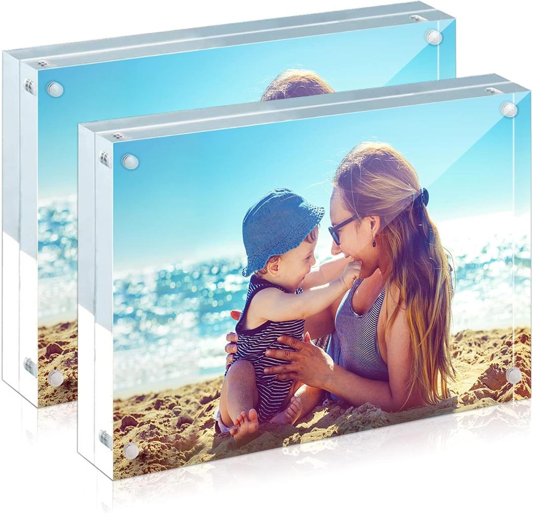 HELPLEX Acrylic Frames, 2 Pack 5x7, 24mm Thicker Frameless Clear Picture Frame, Double Sided Magnetic, Free Standing Desktop Display