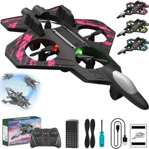 2026 Upgraded RC Jet-RC Stunt Fighter Jet Toy for Adult with 360 Flips & LED Lights, Remote Control Airplanes Foam Planes Drone with Battery & Fan Blade (Pink + 1 Battery)