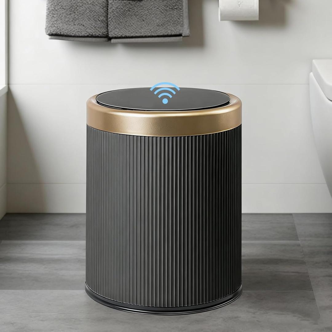 URALFA Automatic Motion Sensor Bathroom Trash Can with Lid, Touchless Trash Bin, Smart Dog Proof Garbage Can, Small Waste Basket for Toilet, Office, Bedroom, 2.8 Gallon, Dark Grey
