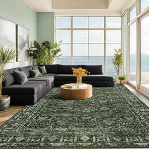 8x10 Area Rugs for Living Room, Non Slip Washable Rugs Large Rug Indoor Carpet, Durable & Soft Vintage Rug for Bedroom Dining Room Home Office Decor, Dark Green
