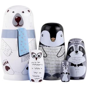 Yoption 5Pcs Russian Matryoshka Dolls Handmade Wooden Polar Bear Penguin Nesting Dolls Set for Kids Christmas Birthday Toy Gift (Polar Bear)