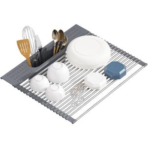 KEGFRES Roll Up Dish Drying Rack Over Sink, 20" X 15.2" Foldable SUS304 Stainless Steel Kitchen Dish Drainer, Heat-Resistant Multipurpose Rolling Sink Rack Organizer, Grey