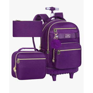 3Pcs Rolling Backpack for Girls Women, 19 Inche Adults Roller Backpacks with Wheels, School Wheeled Bookbag with Lunch Box(Deep Purple)