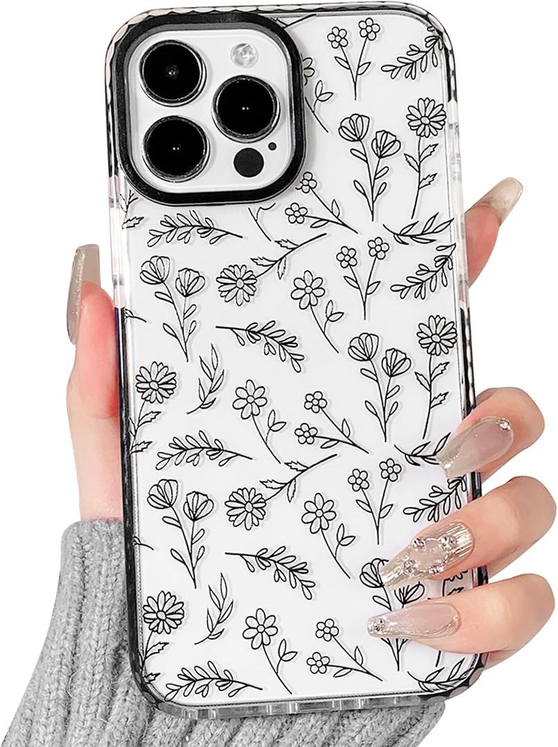 NITITOP Compatible for iPhone 13 Pro Max Case Cute Flower Floral Clear for Women Girl Ultra Slim Crystal Shockproof Soft TPU Anti-Yellow Protective Phone Cover - Clear Black