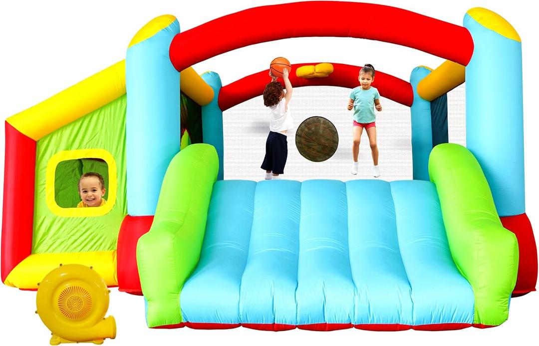 Bounce House, Inflatable Bouncer with Air Blower, Kids Slide Jumping Castle with Slide, Ball Pit and Dart Target Game, 143x137x68 Inch