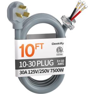 10 ft 3 Prong Dryer Cord, 30Amp 10 Gauge Dryer Power Cord Replacement, Pure Copper 3-Wire Appliance Cord with NEMA 10-30P Plug and O-Ring Terminals, 250V 7500W, ETL Listed, Gray STW