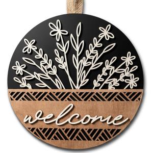 3D Welcome Sign for Front Door, 12" Round Wooden Boho Wreath | Rustic Wood Hanging Sign Decorations for Porch, Wall & Farmhouse. Housewarming Gifts for New Home, Outdoor Spring-Fall