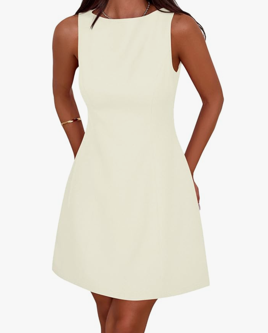 ZESICA Women's 2025 Summer Sleeveless Cocktail Mini Dress Boat Neck less Swing A Line Wedding Club Party Short Dresses,Navy,M-Large