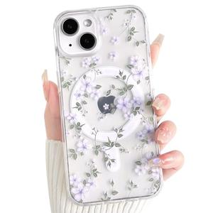 NITITOP Compatible with iPhone 13/14 Case Cute Clear Magnetic Compatible with MagSafe Flowers Floral Plant Leaves for Women Girls Hard PC Back Shockproof Protective Phone Cover - Purple