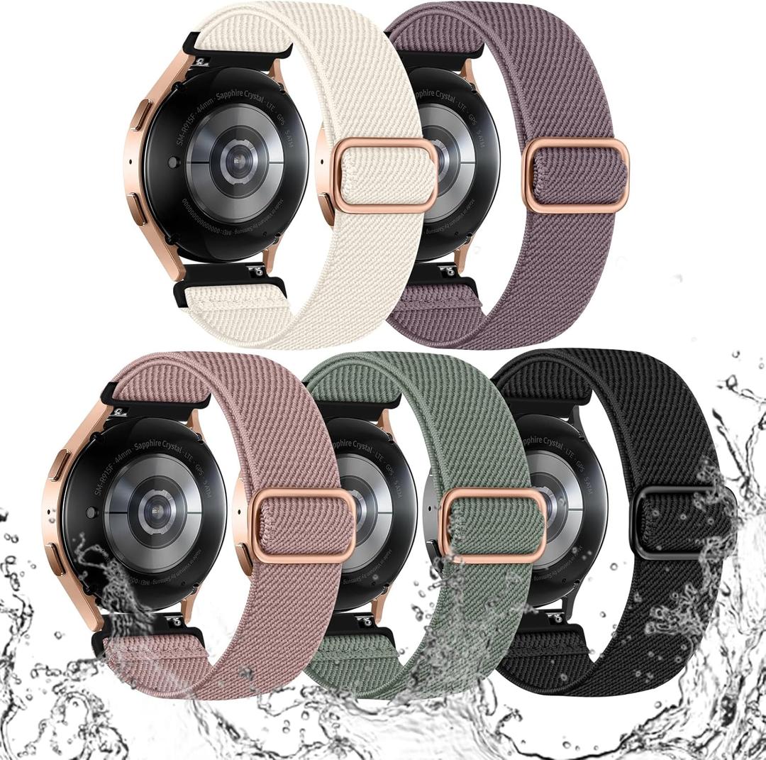 Lerobo 5 Pack Stretchy Watch Band for Galaxy Watch 7 Band 6 5 4 44mm 45mm 40mm/6 Classic 47mm 43mm/5 Pro 45mm/4 Classic 46mm 42mm/Active 2, Water-Resistant Nylon Sport Bands for Men Women (Apricot/SmokePurple/Pink/PineGreen/Black)