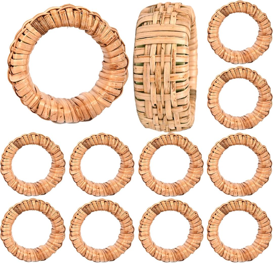 ALPHA Living HOME Boho Chic Dining Décor Set of 12 - Handmade Napkin Rings Rustic Woven Rattan Napkin Holders for Dining Table, Weddings, Parties, Holiday Gatherings, and Everyday Use (Natural)