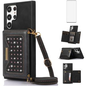 Asuwish Phone Case for Samsung Galaxy S22 Ultra 5G Wallet Cover with Screen Protector and Card Holder Slot Stand Leather Bling Glitter Cell Accessories S22ultra 22S S 22 S22ultra5g 6.8 Women Men Black