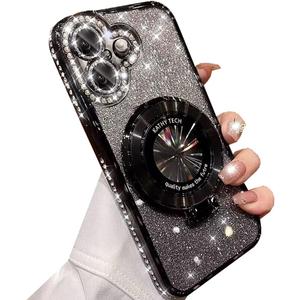 Changjia Magnetic Kickstand Glitter Case for iPhone 16 Plus, [Compatible with Magsafe] Luxury Bling Sparkly Diamond Rhinestone with Camera Lens Protector Women Girls Case for iPhone 16 Plus 6.7",Black