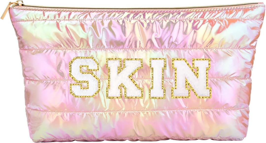 Hiroyuki Iridescent Makeup Bag, 14 inches Cosmetic Bag, Large Capacity Travel Pouch (Skin, pink)