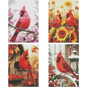 Cardinal Diamond Art Kits for Adults - 4 Pcs DIY Spring Summer Autumn Winter Full Drill Diamond Paintings for Beginners 5D Round Birds Gem Art Craft Home Wall Decor 9.84 x 13.7 Inches