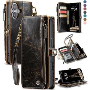 Defencase Compatible with iPhone 17 Case Wallet with RFID Blocking Card Holder for Women and Men, Fashion PU Leather Magnetic Snap Flip Zipper Strap Wallet Phone Case for iPhone 17 6.3", Coffee