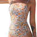 CUPSHE Women Swimsuit One Piece Bathing Suit Square Neck Cutout Back Tummy Control with Adjustable Spaghetti Straps S Cantaloupe Orange Ditsy